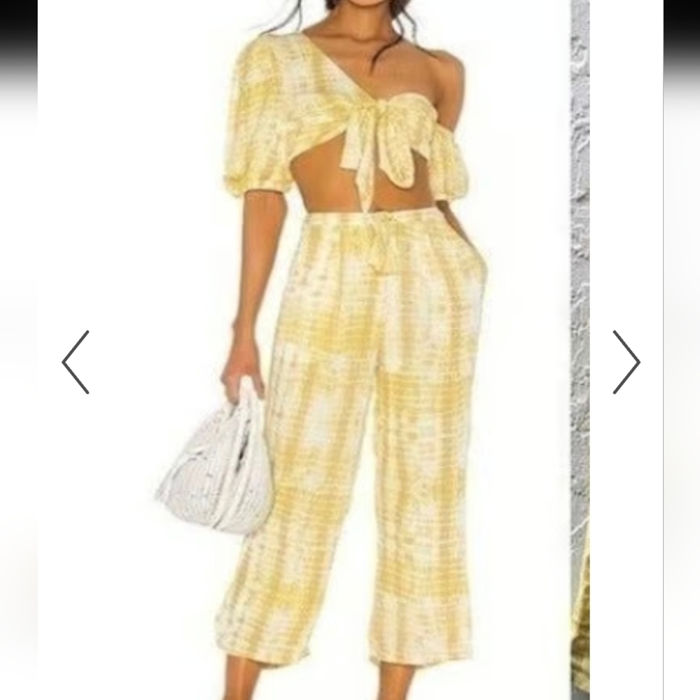 MARJORELLE REVOLVE Theo Tie Dye Yellow Flowy Crop Waist Tie Pants Sz XXS